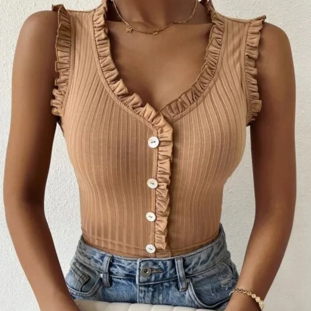 Khaki Brown Ribbed ButtonTank Top in XL - Picture 1 of 3